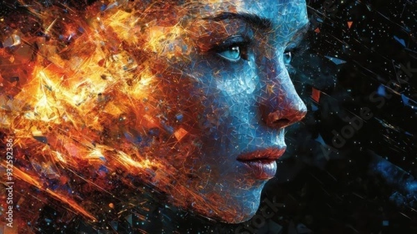 Fototapeta A face fragmented into glowing geometric patterns, each piece representing a different imaginative thought, Imagination, Expressive creativity through abstraction