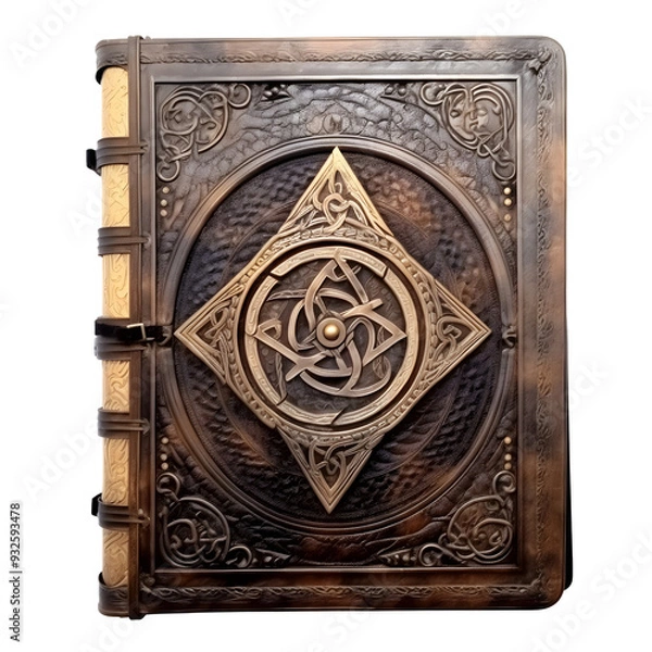 Fototapeta Ornate Leather-Bound Magical Spellbook with Intricate Engraved Design and Symbols