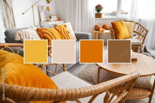 Fototapeta Interior of stylish living room with armchairs, grey sofa and wooden table. Different color patterns