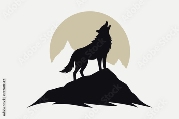 Fototapeta Howling Wolf Silhouette with Full Moon and Mountain Backdrop  Printable Graphic Design