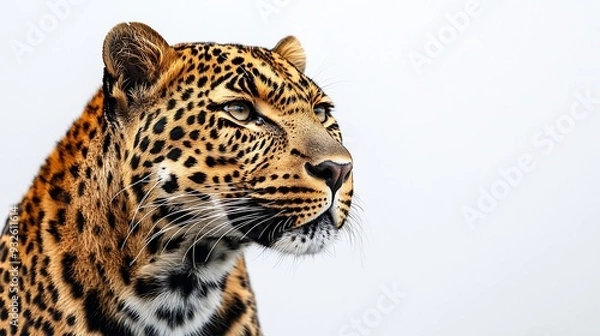 Fototapeta Portrait of leopard standing a looking away proudly Panthera pardus against white background : Generative AI