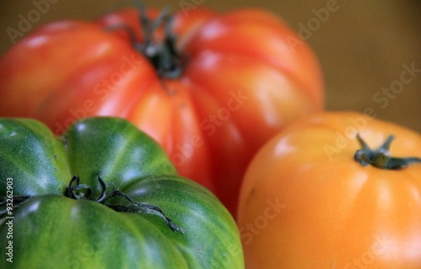 Obraz Trio of tomatoes in colorful red,yellow and green variety