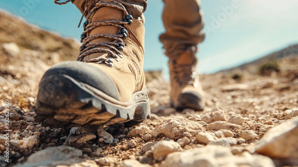 Fototapeta A close up of hiking boot stepping on rocky terrain, conveying sense of adventure and exploration.