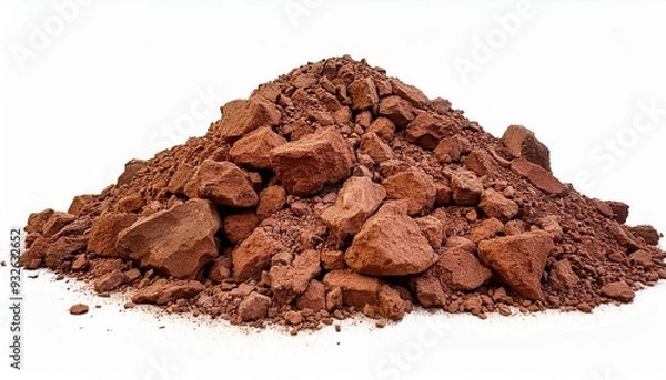 Fototapeta  A small heap of red clay soil with distinct, rugged clumps, isolated on a white background,