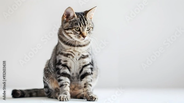 Fototapeta Grey stripped mixed-breed cat sitting, isolated on white. 