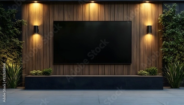 Fototapeta Black blank TV screen mockup on a wooden wall with LED lighting, close-up view. 