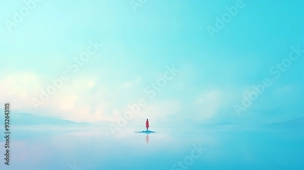 Fototapeta A solitary figure stands on a small island in the middle of a vast, tranquil lake, surrounded by a misty, blue sky.