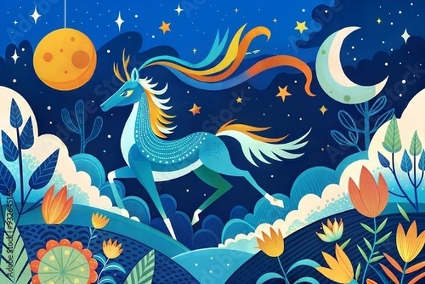 Fototapeta unicorn and moon, fantasy, fairy tale and magic. vector illustration