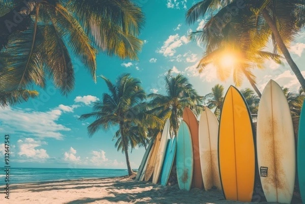 Fototapeta Several surfboards near palm trees on sunny beach with clear sky