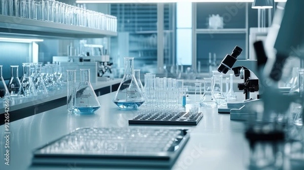Fototapeta A clean and sterile lab environment with glass beakers, test tubes, and microscopes neatly arranged on a workbench, ready for experiments.