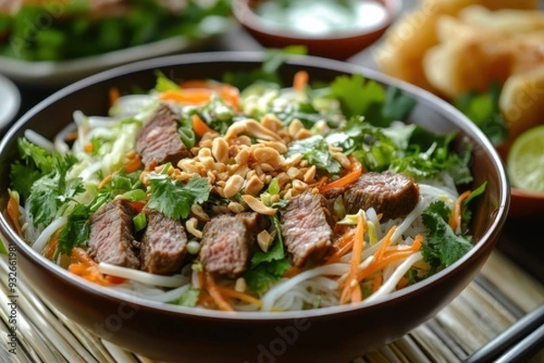 Fototapeta Vietnamese salad with beef noodles herbs spring rolls and spicy dressing Served with fried bread