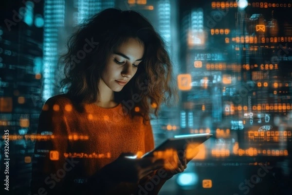 Fototapeta A woman is looking at a tablet in a cityscape. Concept of modernity and technology, as the woman is using a tablet in a busy urban environment. The tablet itself is a symbol of the digital age