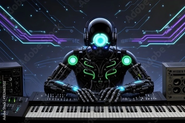 Obraz Cybernetic Musician: A musician enhanced with advanced technology, blending human creativity with cybernetic capabilities.