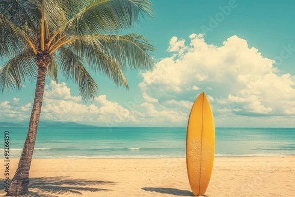 Fototapeta Vintage filter tone style with surfboard and palm tree on beach Summer vacation adventure sport concept