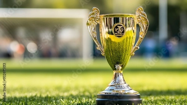Fototapeta The Victory Cup shines brightly on the field, symbolizing achievement in sports during an exhilarating match amidst a vibrant atmosphere