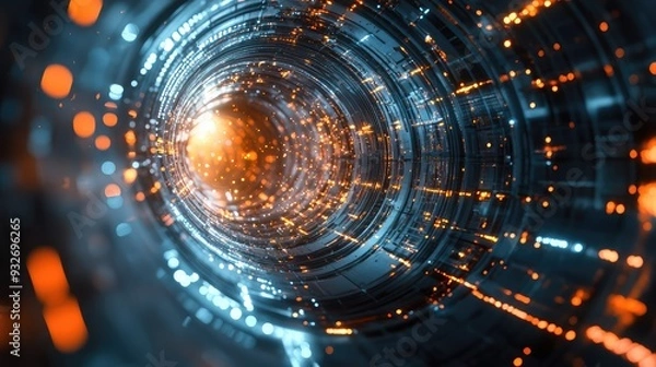 Fototapeta Close-up of a high-tech particle collider with quantum shadows and glowing trails, depicting the complexity of quantum interactions.