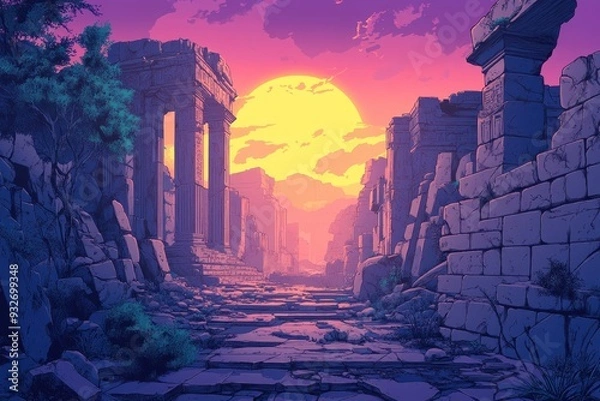 Fototapeta A Pathway Through Ruins Under a Sunset