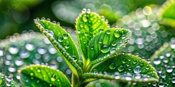 Fototapeta Dew Drops on Green Leaves, Macro Photography, Water Droplets, Nature, Spring , macro, nature