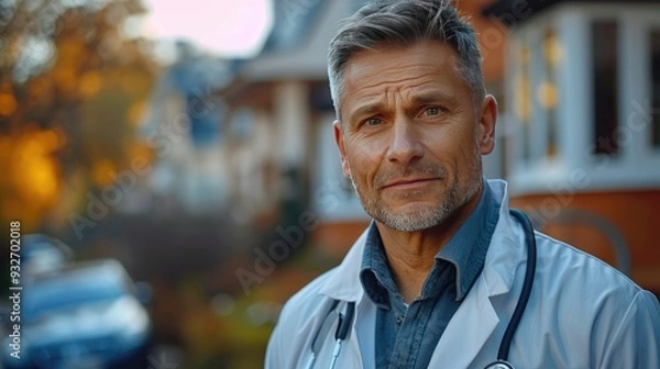 Fototapeta doctor in uniform going home from work looking at camerwork life balance of healthcare worker
