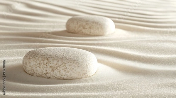 Fototapeta Two smooth white stones placed on a bed of raked white sand creating a zen garden pattern.