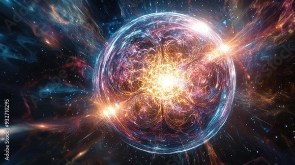 Fototapeta Image of a glowing quantum sphere with intricate shadows and light effects, set against a dark, cosmic background.