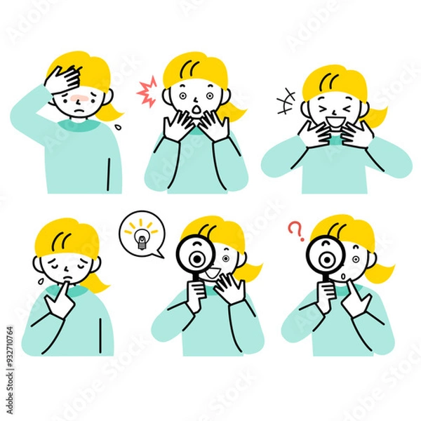 Fototapeta いろいろな表情の女の子の上半身セット