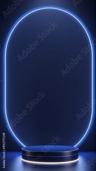 Obraz Dark Navy Blue Neon Platform with an Arching Neon Frame. 3D Product Display Podium. Futuristic Product Display