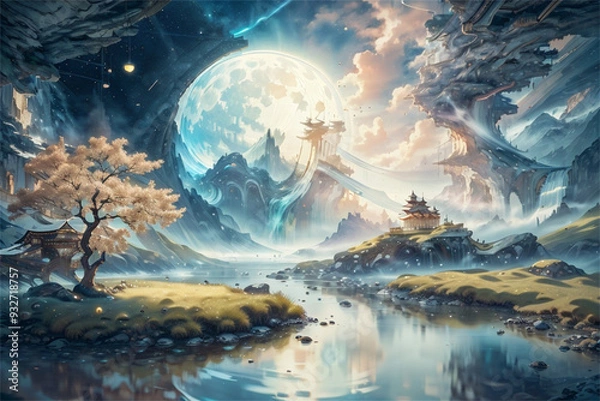 Obraz night scene, landscape with moon and clouds