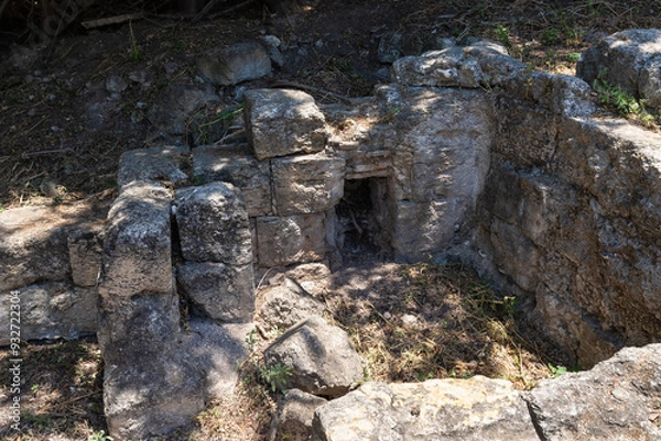 Fototapeta Ruins  of a stone basement of synagogue from 1st 2nd centuries AD near Beit Shearim necropolis near Kiryat Tivon city in northern Israel