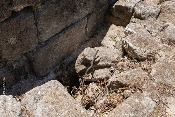 Fototapeta Remains  of masonry walls of synagogue from 1st 2nd centuries AD near Beit Shearim necropolis near Kiryat Tivon city in northern Israel