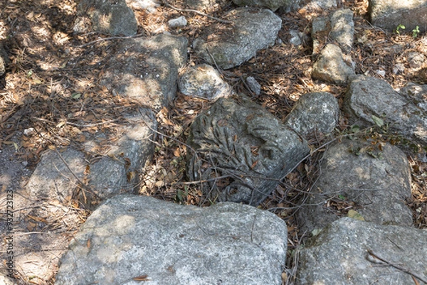 Fototapeta Fragment  of pillar decorated with stone carvings in synagogue from 1st 2nd centuries AD near Beit Shearim necropolis near Kiryat Tivon city in northern Israel