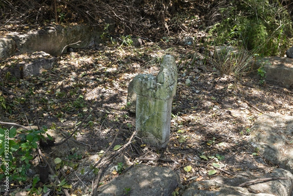 Fototapeta Fragment  of stone pillar in synagogue from 1st 2nd centuries AD near Beit Shearim necropolis near Kiryat Tivon city in northern Israel