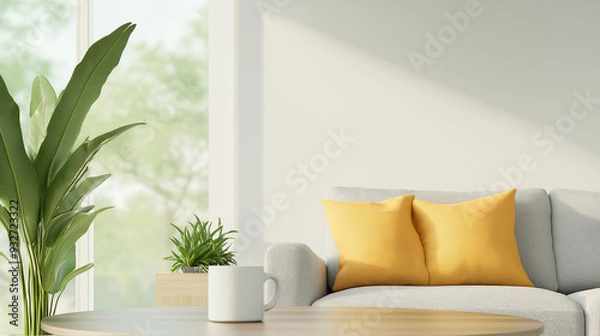 Obraz A realistic photo of cozy minimalist living room with ample natural light, featuring a plush Medium sized sofa, a coffee table, Coffee Mug and a few carefully placed plants, dark grey color sofa.