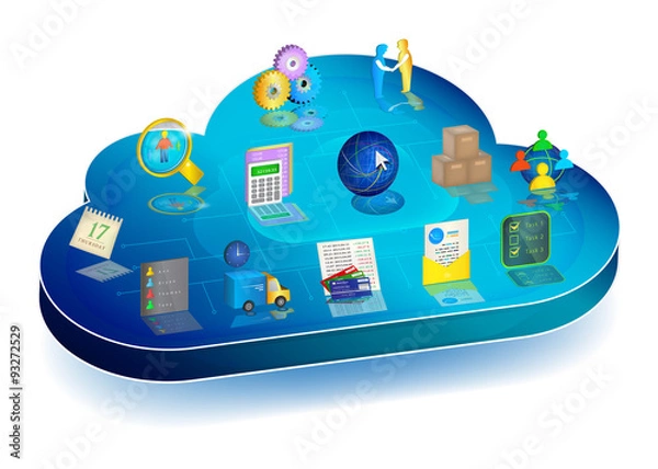 Fototapeta Online business process managing in cloud application. Concept. Blue 3d cloud with enterprise process management icons on it.
