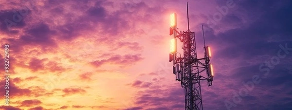 Fototapeta 5G tower, digital signal waves, bright neon lines, overcast lighting