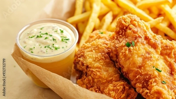 Obraz A flavorful fried chicken set showcasing crispy chicken tenders with a side of creamy ranch sauce. The set includes a portion of golden fries and a chilled root beer float. The background is a
