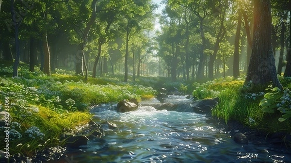Fototapeta A tranquil river winding through a dense forest, dappled sunlight on the water
