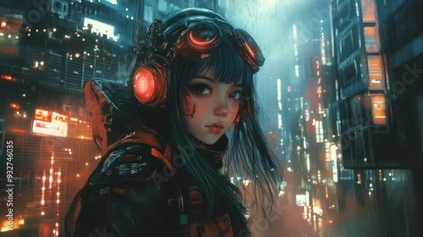 Fototapeta Close up cute cyberpunk anime style girl young face character background wallpaper AI generated image