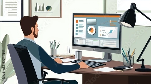 Fototapeta A professional conducting remote training from a well-organized home office, with instructional materials displayed on the screen