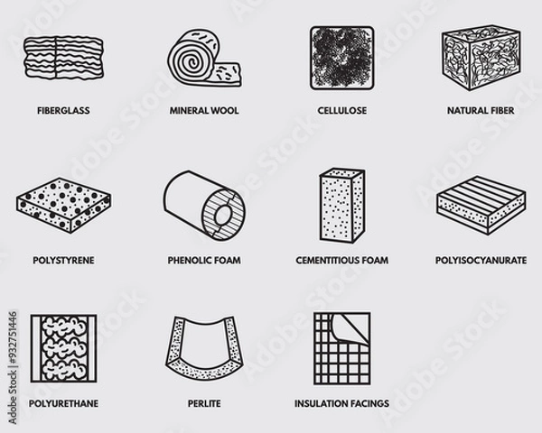 Fototapeta type of insulation building material outline lineal icon collections isolated on background 