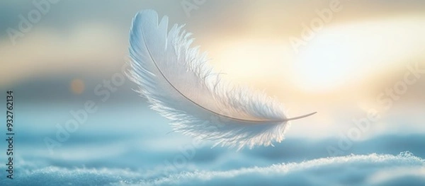 Fototapeta Delicate White Feather Floating in Soft Focus Against a Serene Sunset Background