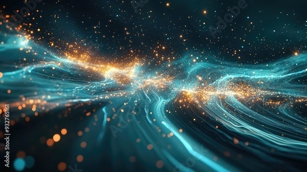 Obraz Image of a starry sky with dynamic, flowing nebulae and light trails, showing the ongoing flux of cosmic energy.