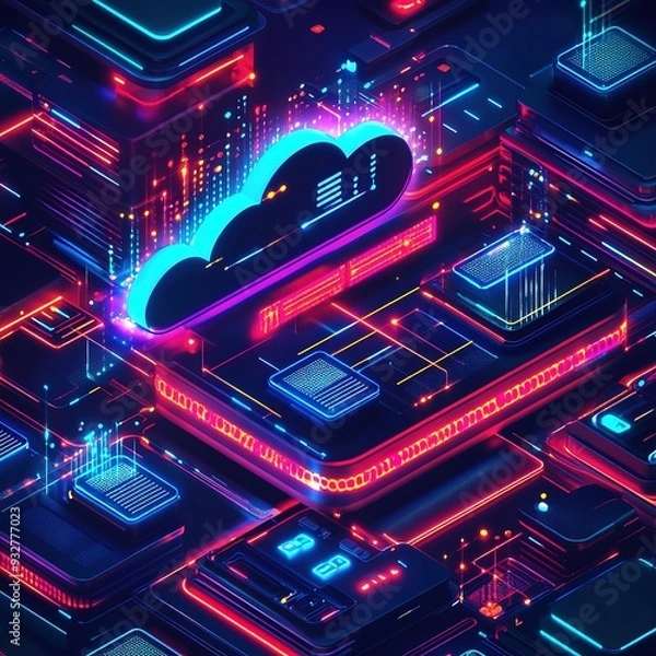 Fototapeta Isometric big data flow processing concept, cloud database. Abstract technology background.