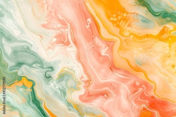Fototapeta Abstract background, peach and green marble pattern. Abstract liquid paint. Artistic texture with swirling waves of pink, orange, red, yellow and white colors