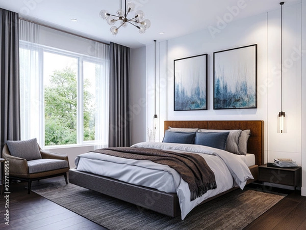 Fototapeta Bed room interior design with wooden floor, large window, white walls, painting on walls and bed. Created with Ai