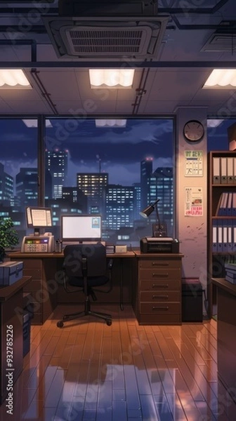 Fototapeta The police office features a desk with computer equipment, files, and a window showing a vibrant night cityscape