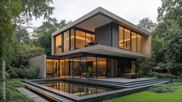 Obraz Modern Luxury House with Glass Walls and Pool in a Green Forest Environment