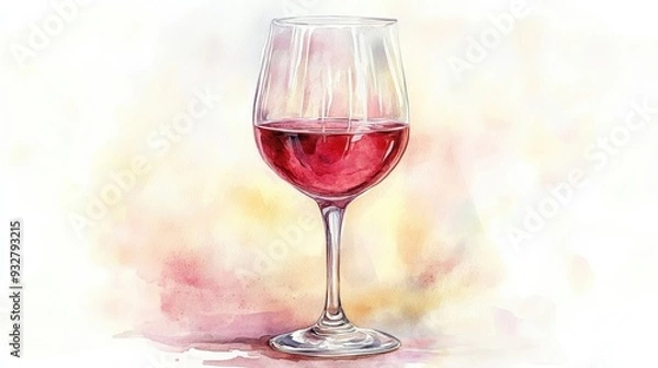 Obraz Watercolor illustration of a single wine glass filled with red wine, soft reflections, elegant curves, and warm lighting, clipart, isolate on white background