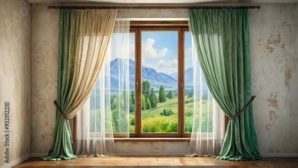 Fototapeta A window with green and beige curtains, looking out onto a green field with mountains in the distance.