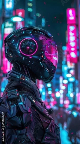 Fototapeta The anime character stands poised in a neon city, showcasing advanced gaming gear as colorful lights create a vibrant atmosphere